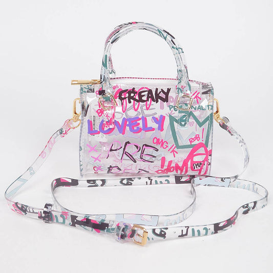 Mini Clear Graffiti PVC Boston Bag | Tiny Crossbody Bag | 6.25"W x 4.25"H x 3.25"D