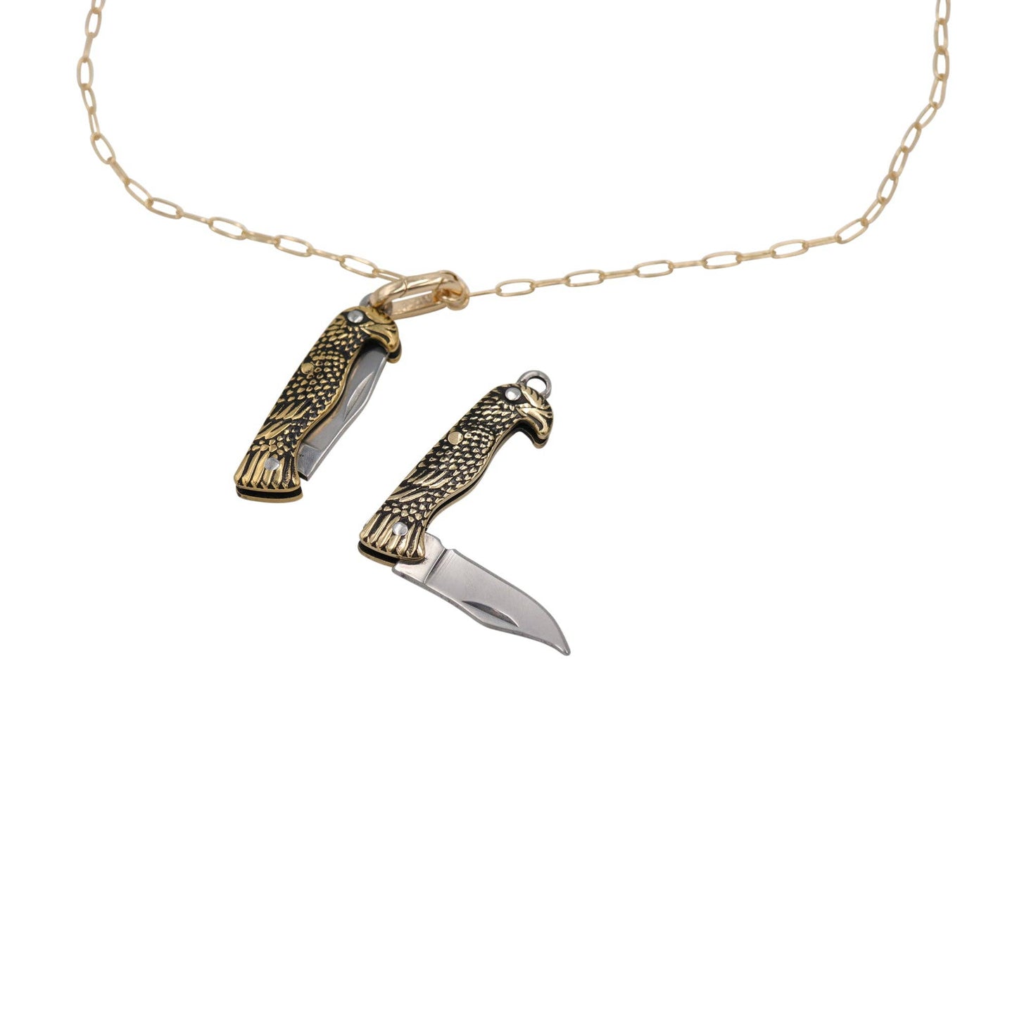 Mini Eagle Handle Folding Knife Necklace | Gold Tone Pendant