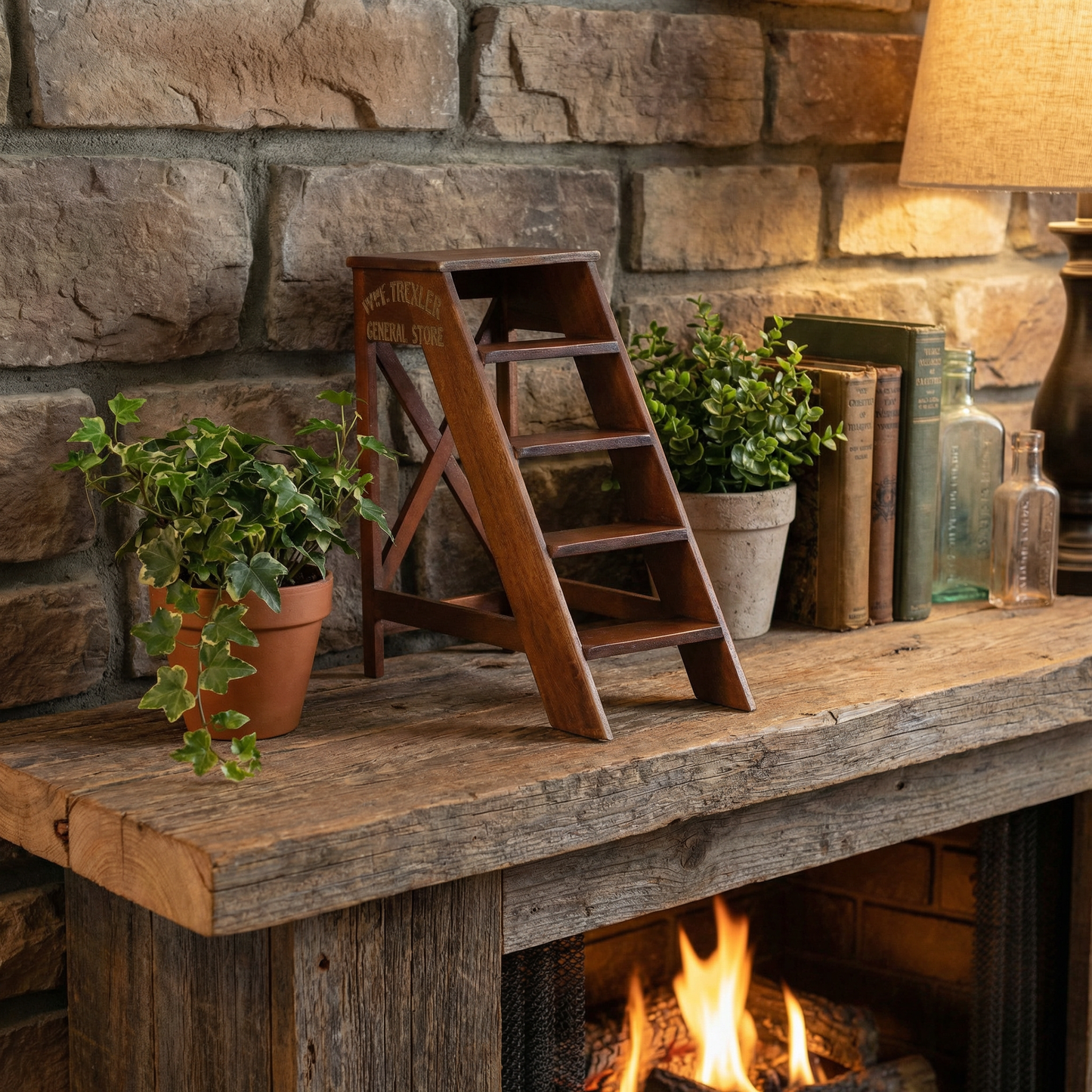 Mini General Store Ladder Desktop Decor | Vintage Wooden Store Steps Decorative Accent