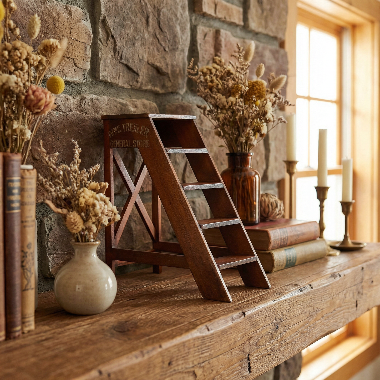 Mini General Store Ladder Desktop Decor | Vintage Wooden Store Steps Decorative Accent