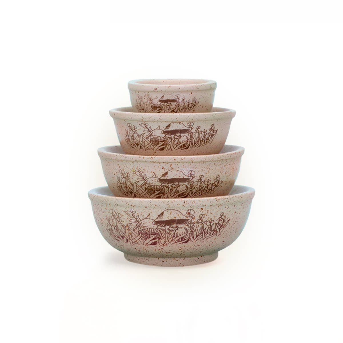 Set of four ceramic bowls with decorative mushroom patterns on a white background