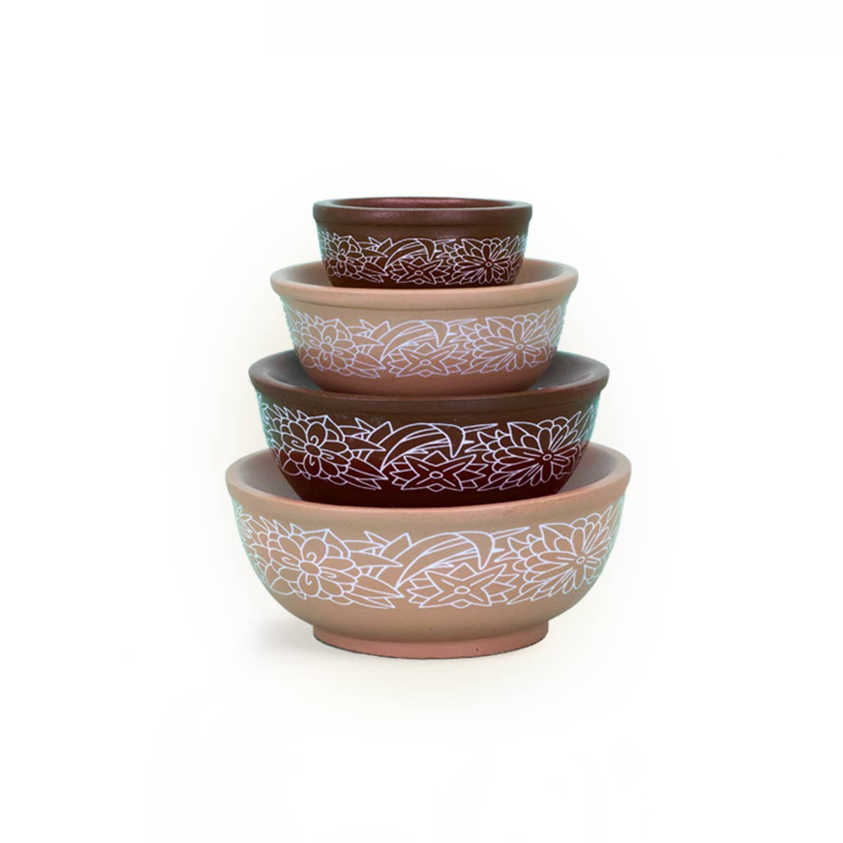 Set of four ceramic bowls with floral patterns on a white background