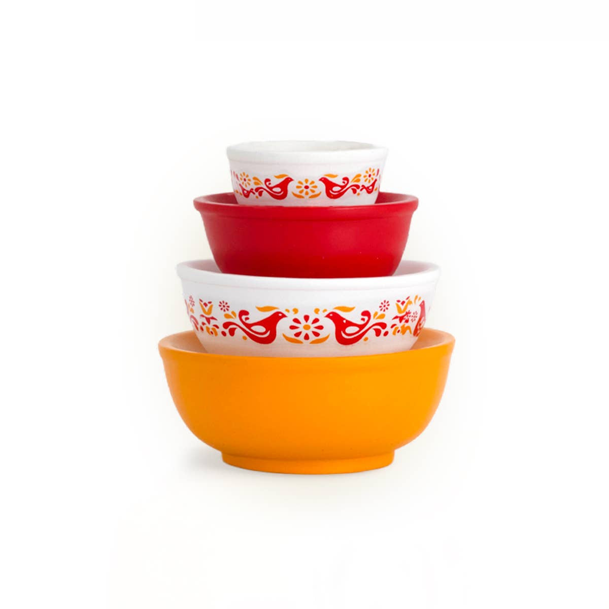 Set of three colorful bowls stacked on a white background