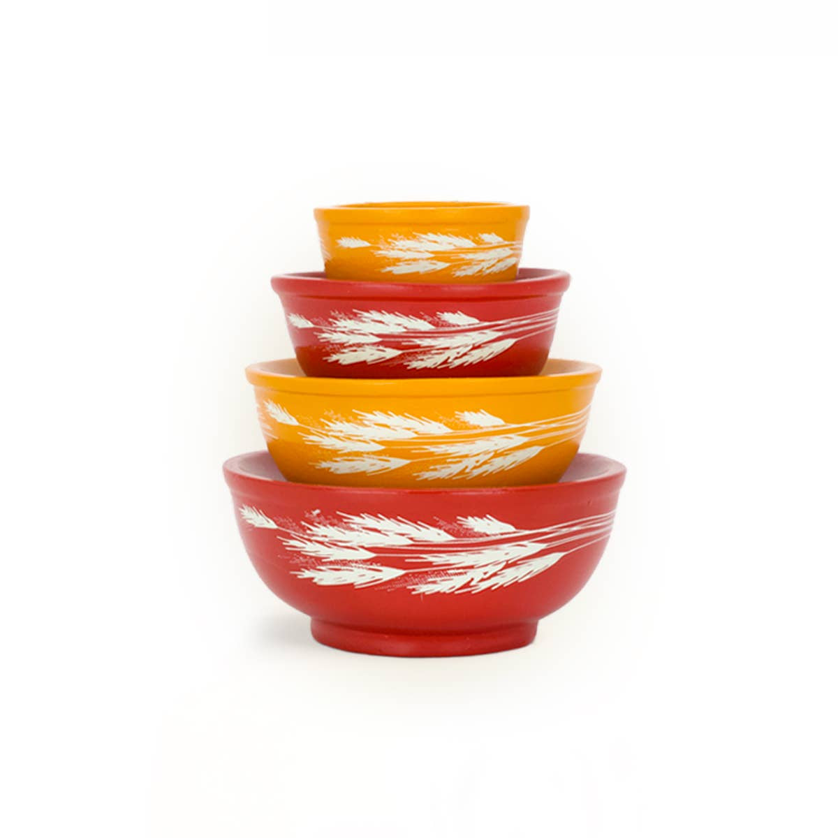 Set of four colorful ceramic bowls with wheat pattern on a white background