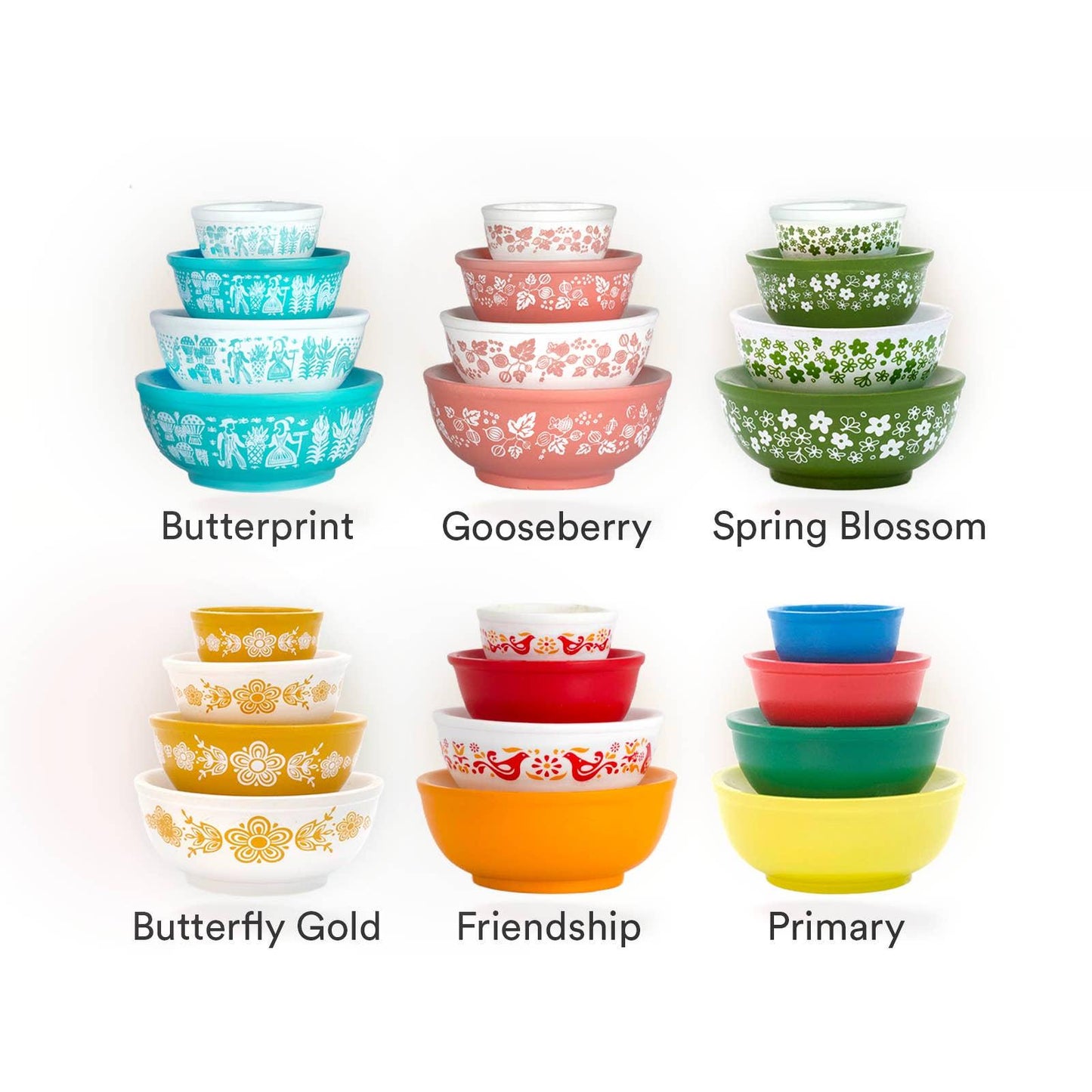 Set of colorful bowls with different patterns and colors on a white background