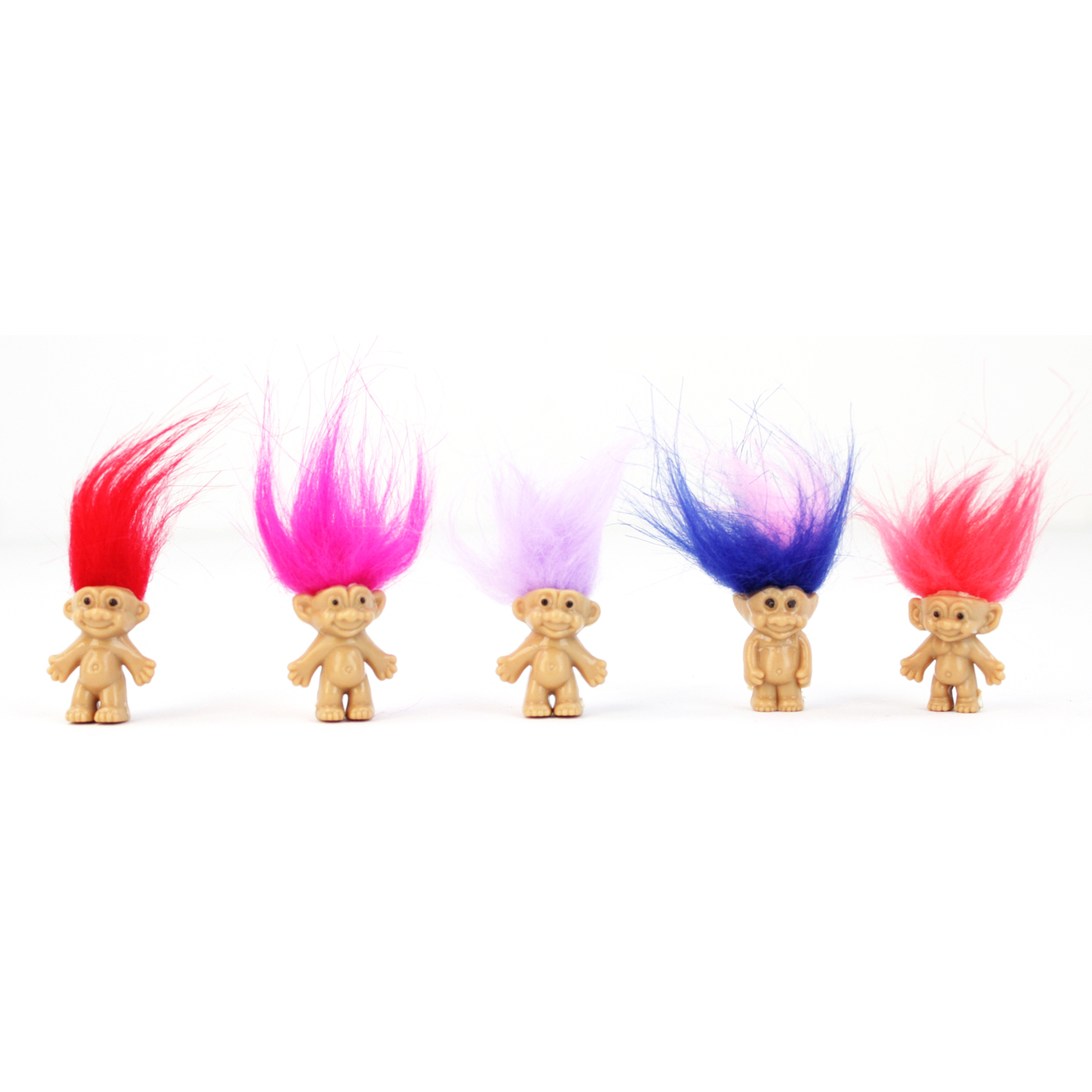 Five small figurines with colorful hair on a white background