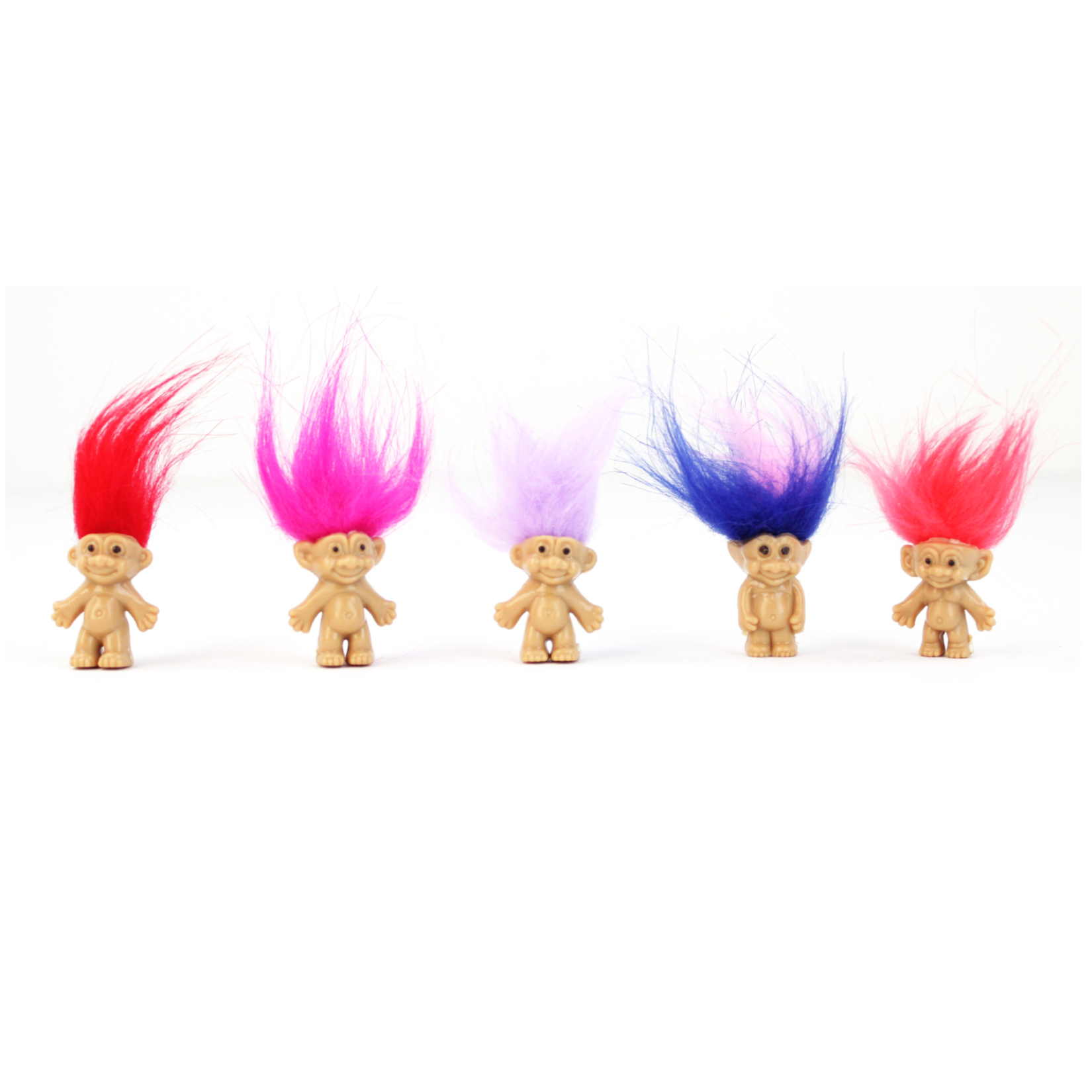 Five small figurines with colorful hair on a white background