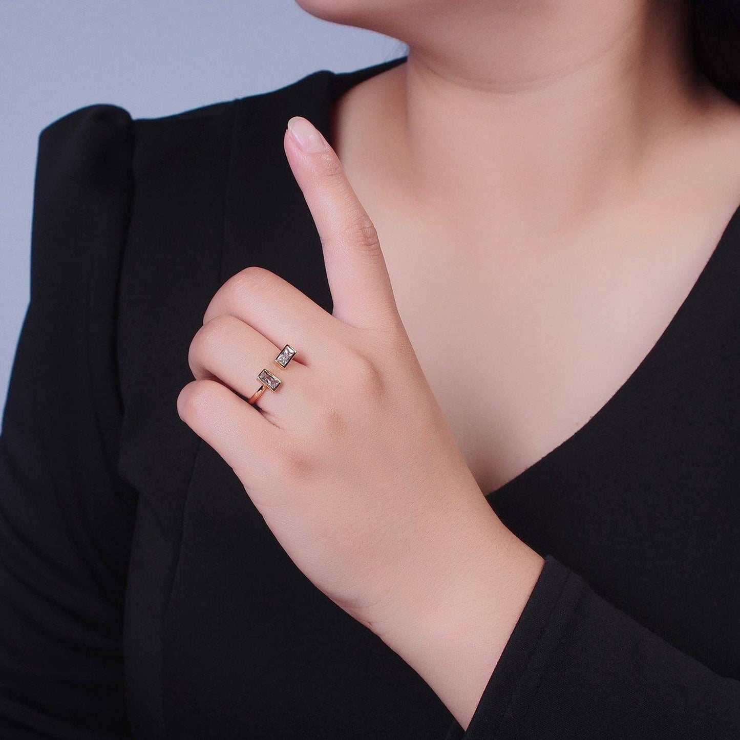 Minimalist Gold Baguette CZ Adjustable Ring| Dainty Cubic Zirconia Open Ring