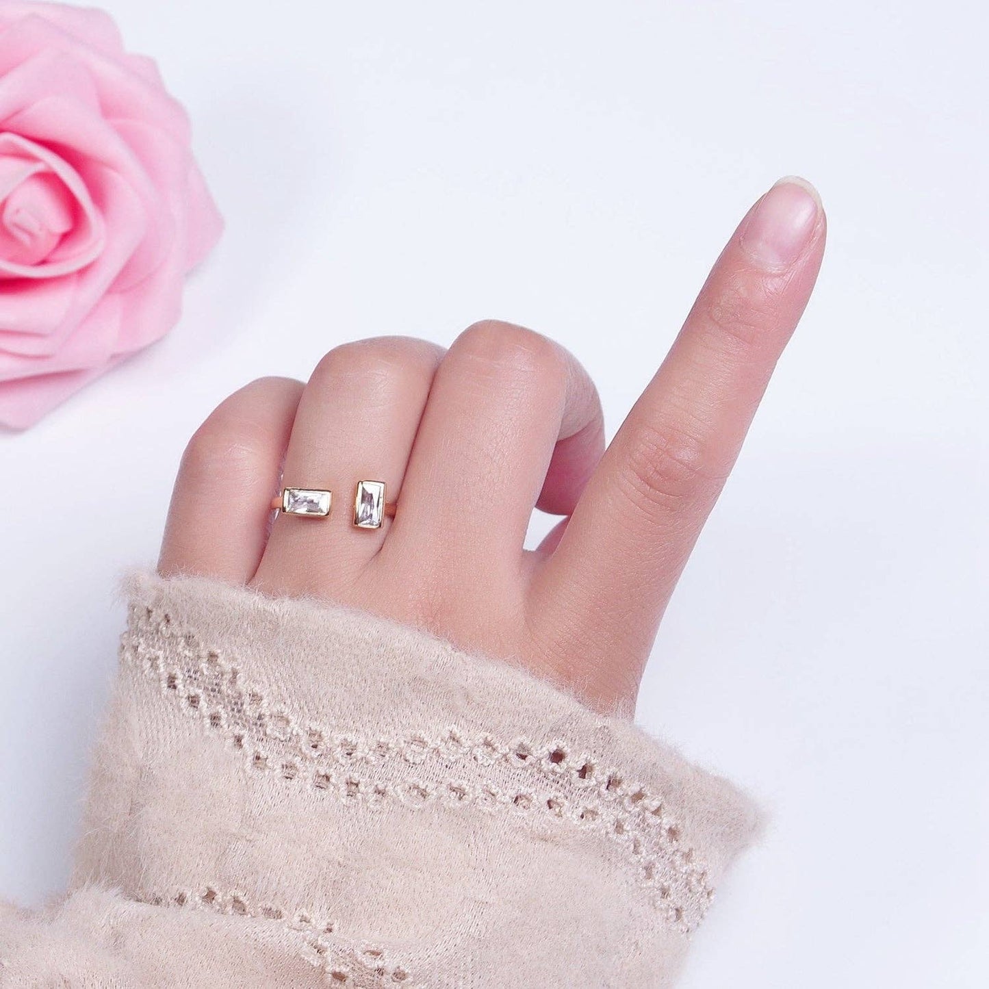 Minimalist Gold Baguette CZ Adjustable Ring| Dainty Cubic Zirconia Open Ring