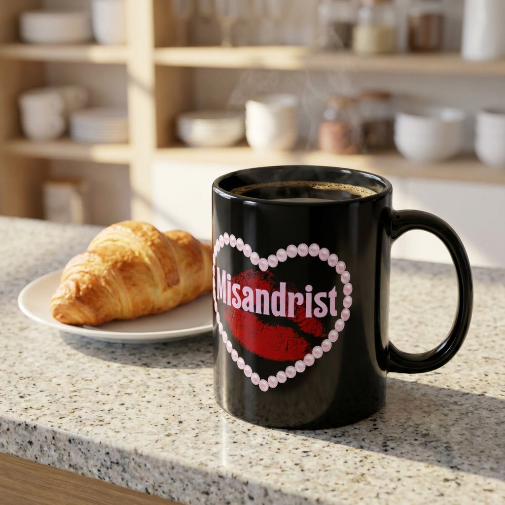 Black mug with 'Misandrist' design on a kitchen counter with a croissant.