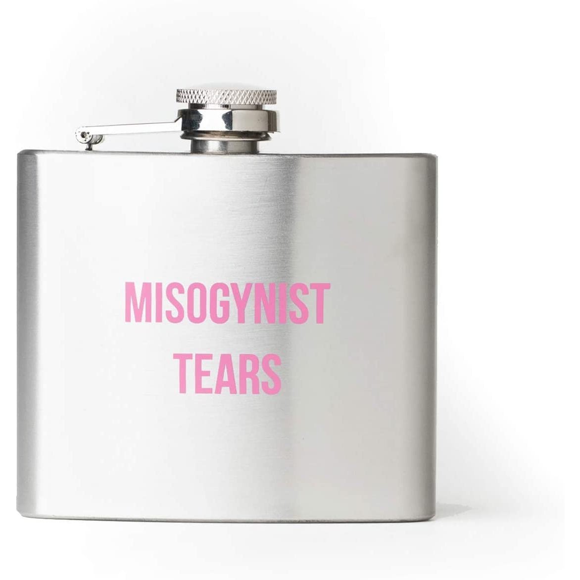 Misogynist Tears Flask in Silver with Pink Lettering