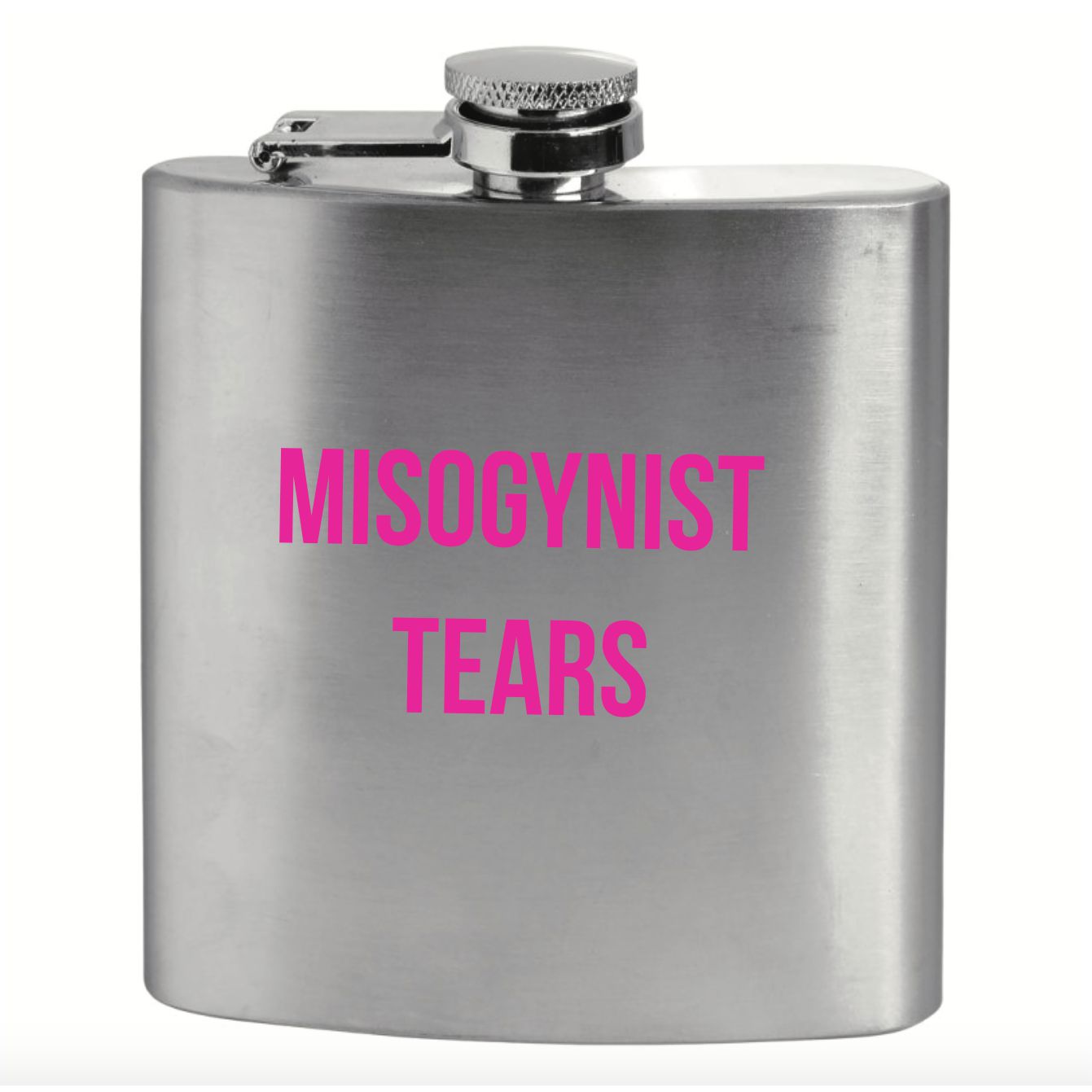 Misogynist Tears Flask in Silver with Pink Lettering