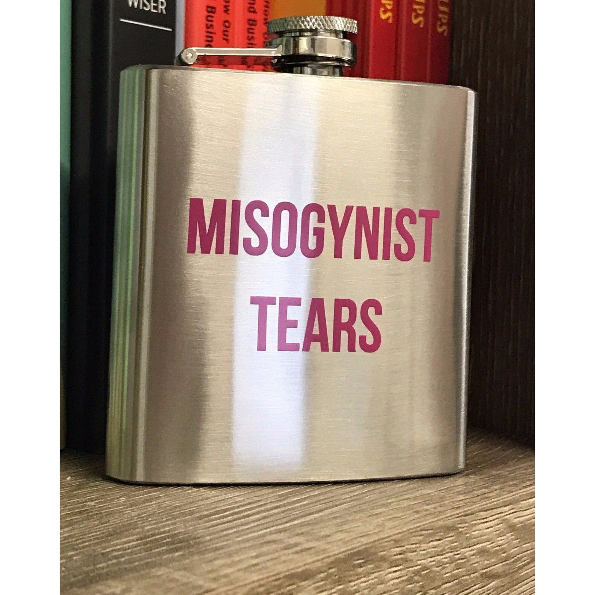 Misogynist Tears Flask in Silver with Pink Lettering | Gift for Her