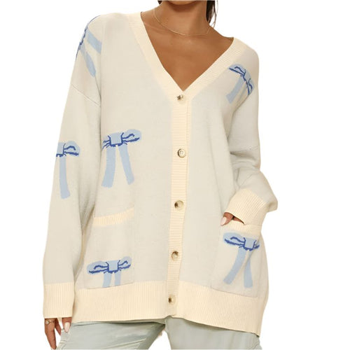 Miss Sparkling All Over Bow Knit Cardigan in Blue or Pink [Size Options: SM-XL]