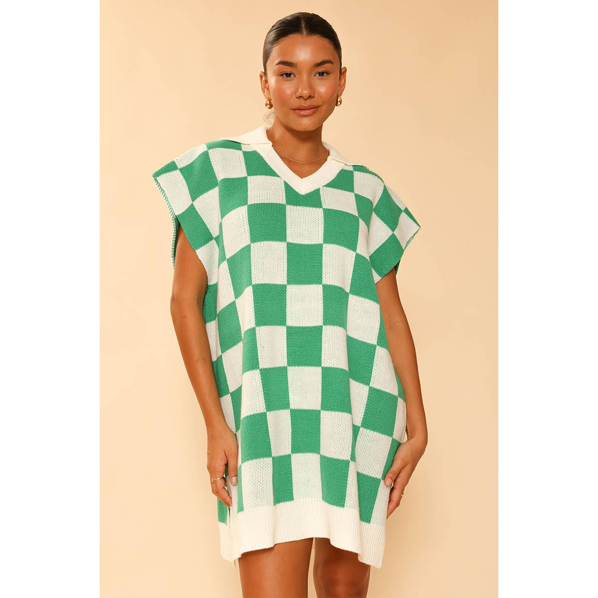 Miss Sparkling Checkered Green White Knit Poncho | Stylish Outerwear Outfit [Available in SM-XL]