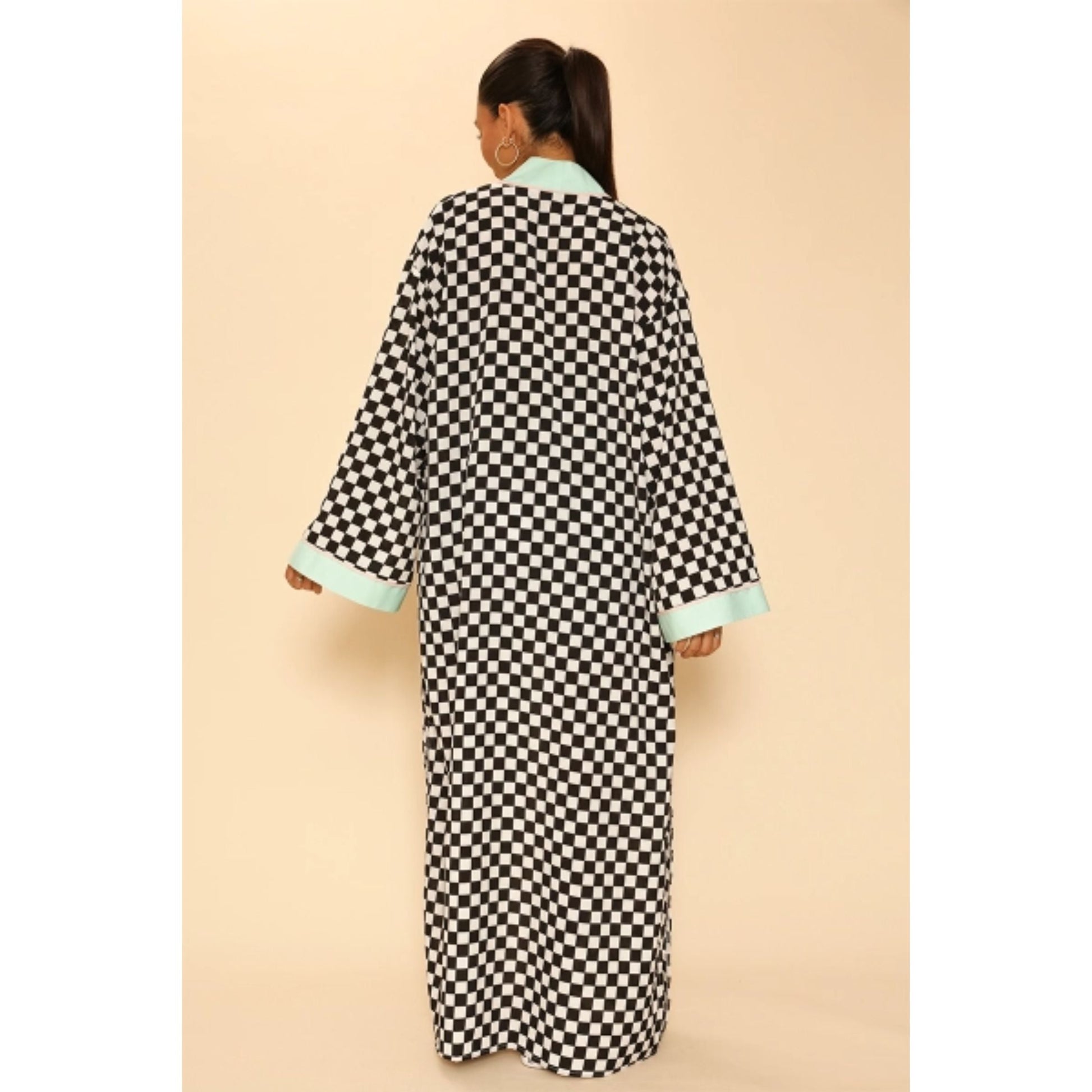 Miss Sparkling Checkered Kimono in Black and White Big Long Textured Satin Duster | Light Jacket, Outdoor Robe, Swimsuit Coverup | Sizes SM-XL