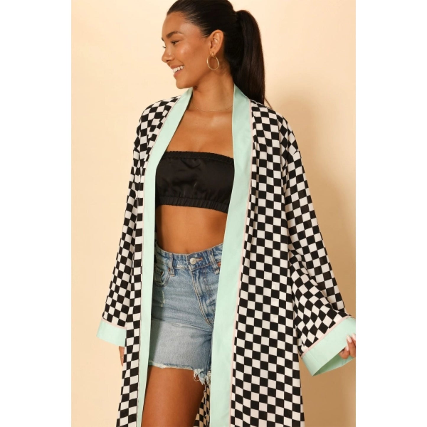 Miss Sparkling Checkered Kimono in Black and White Big Long Textured Satin Duster | Light Jacket, Outdoor Robe, Swimsuit Coverup | Sizes SM-XL