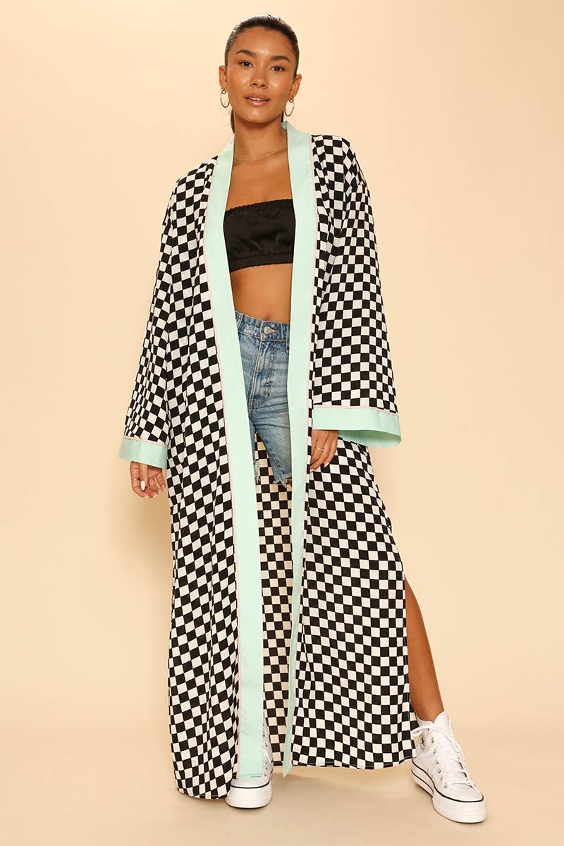 Miss Sparkling Checkered Kimono in Black and White Big Long Textured Satin Duster | Light Jacket, Outdoor Robe, Swimsuit Coverup | Sizes SM-XL