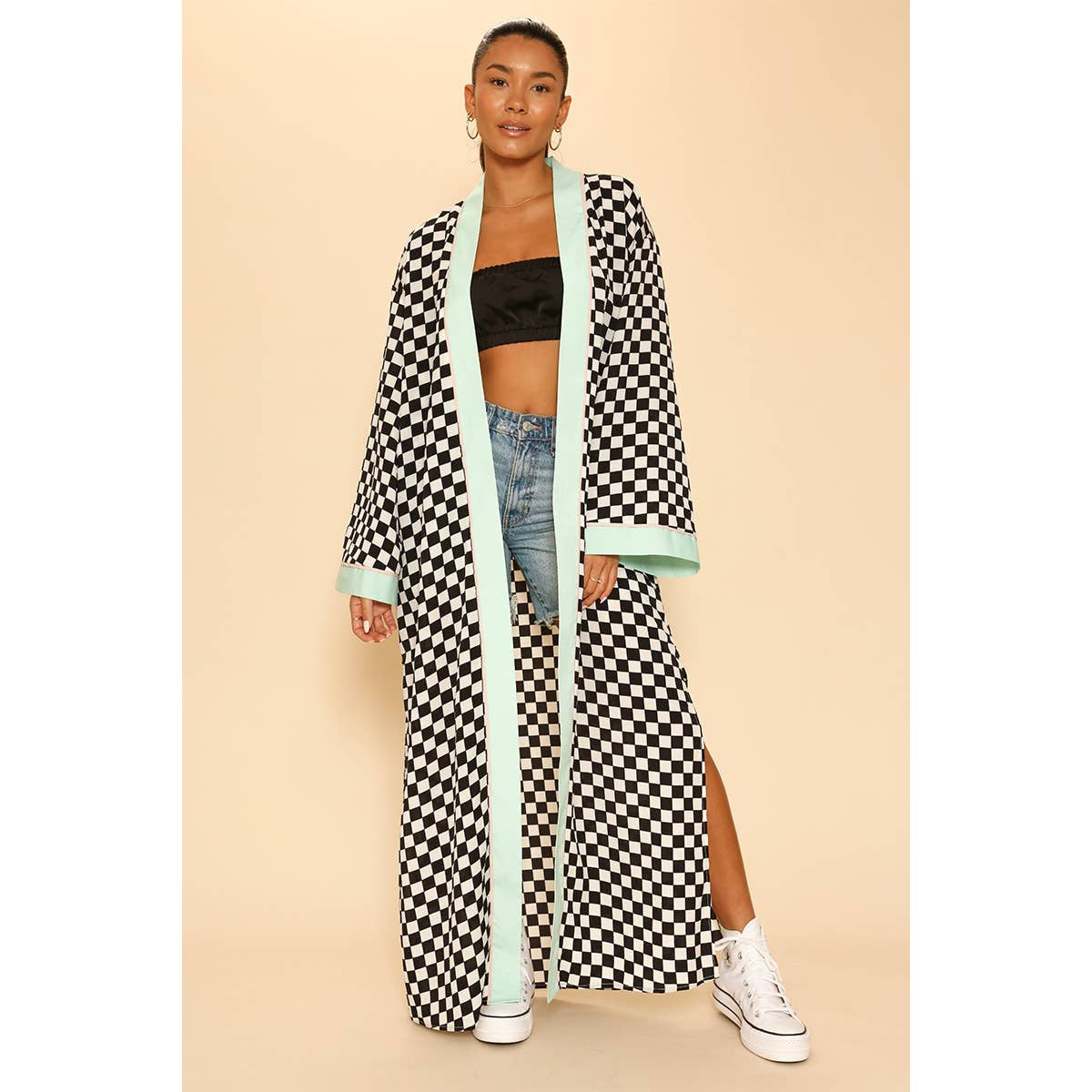 Miss Sparkling Checkered Kimono in Black and White Big Long Textured Satin Duster | Light Jacket, Outdoor Robe, Swimsuit Coverup | Sizes SM-XL