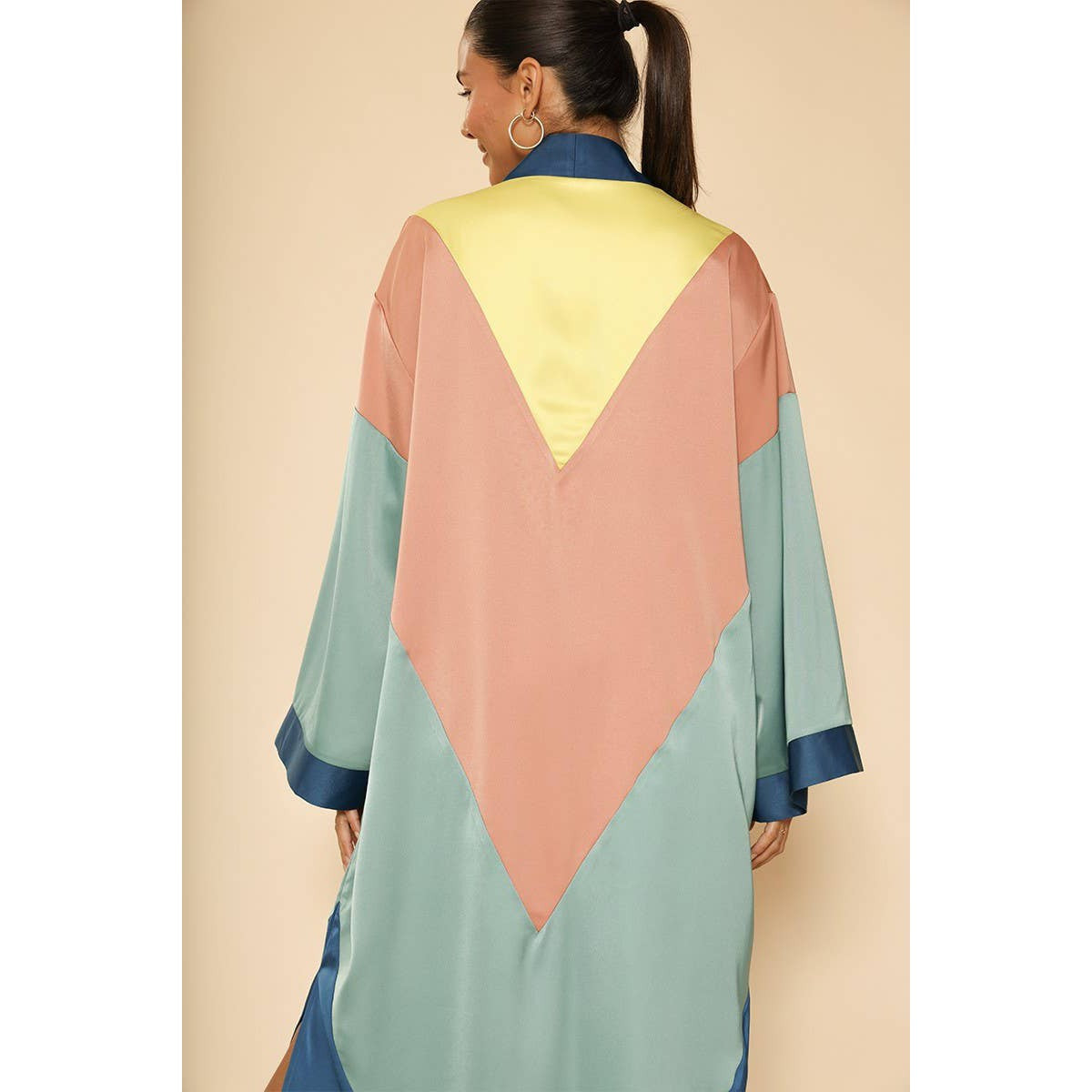 Miss Sparkling Chevron Kimono Big Long Textured Satin Duster | Light Jacket, Outdoor Robe, Swimsuit Coverup | Sizes SM-XL