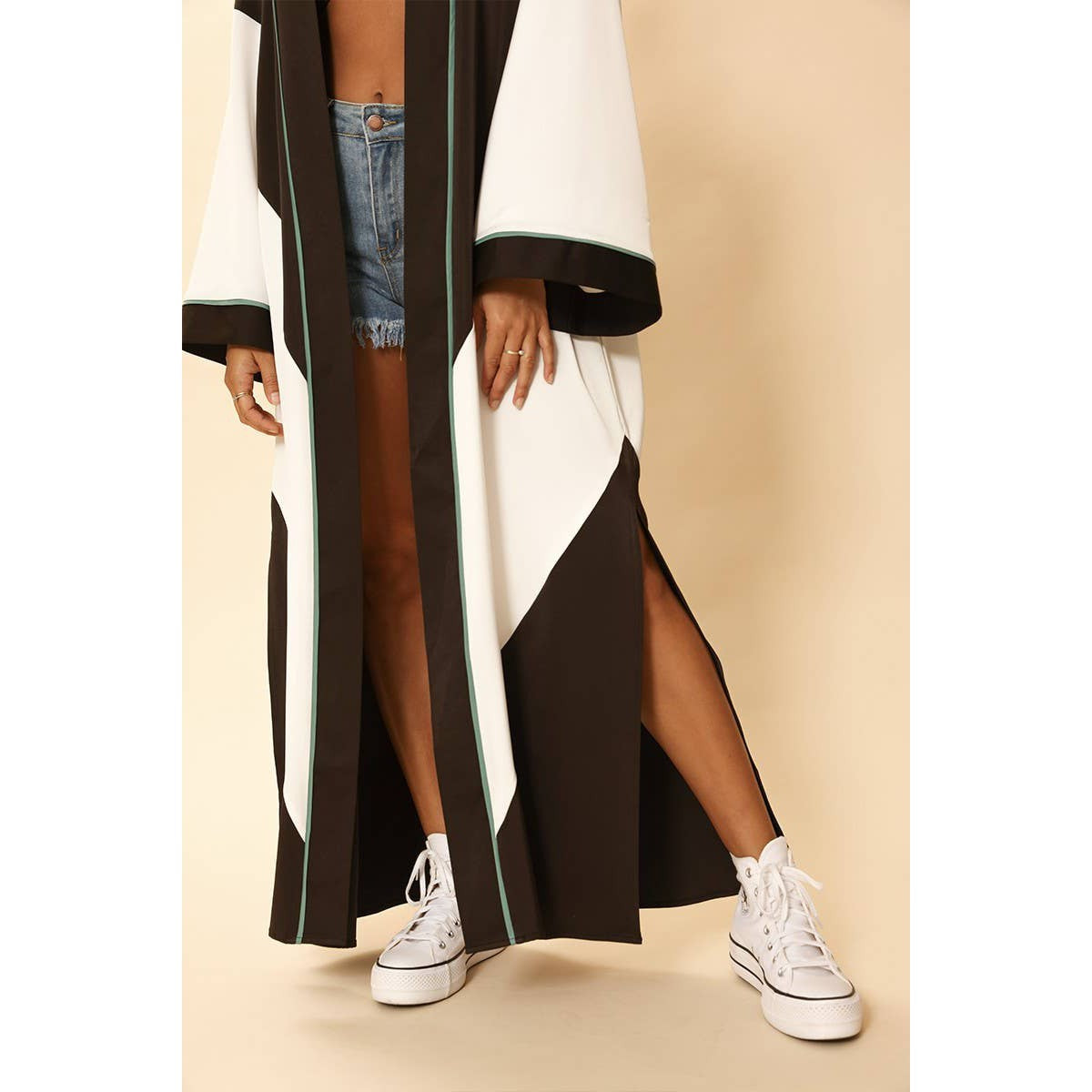 Miss Sparkling Chevron Kimono in Black and White Big Long Textured Satin Duster | Light Jacket, Outdoor Robe, Swimsuit Coverup | Sizes SM-XL