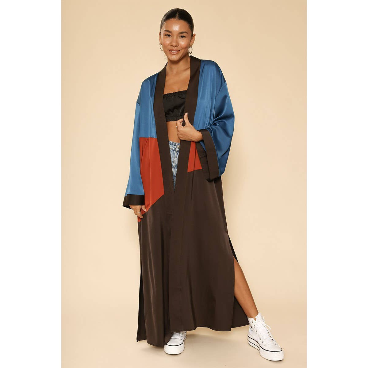 Miss Sparkling Desert Night Kimono Big Long Textured Satin Duster | Light Jacket, Outdoor Robe, Swimsuit Coverup | Sizes S-1X