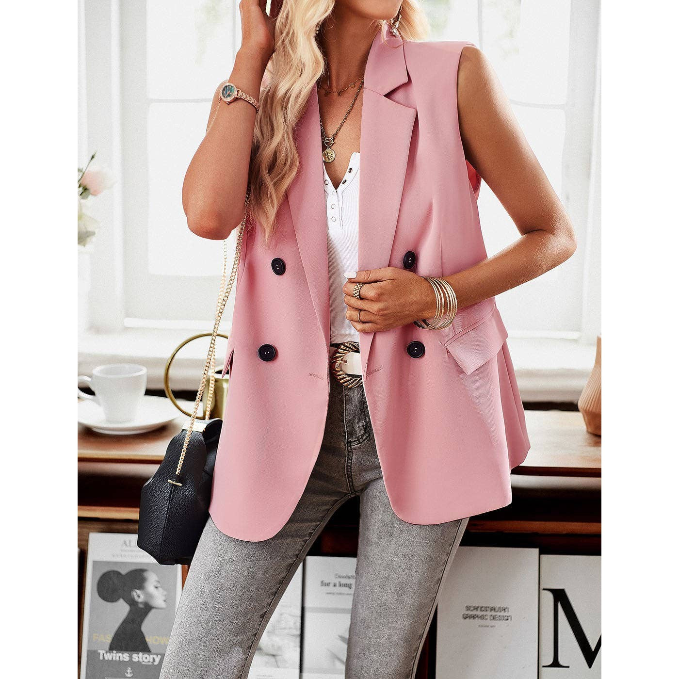 Miss Sparkling Double Breasted Blazer Vest in Pink [Sizes SM-XL]