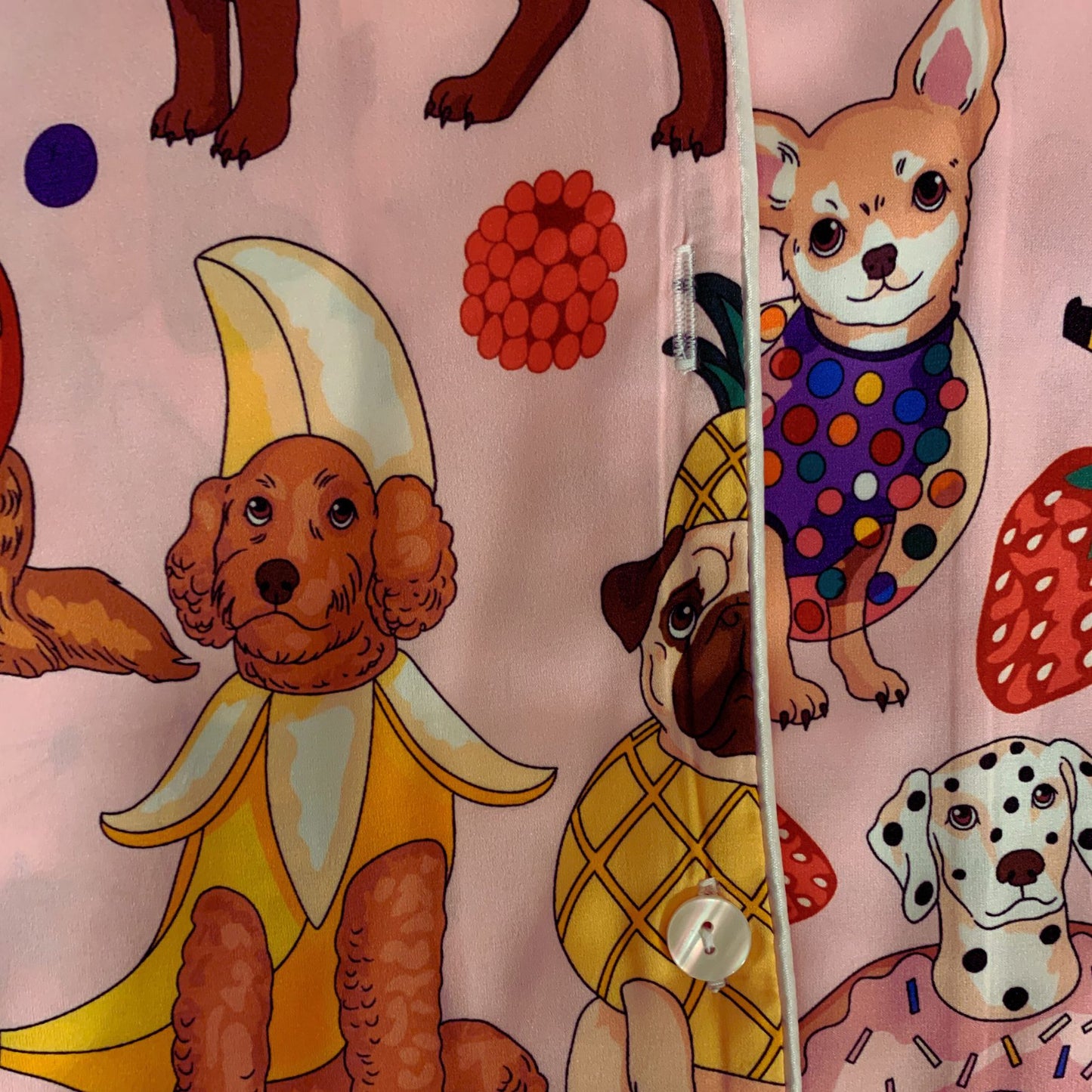 Miss Sparkling Fruity Dogs Shorty Silky Pajamas in Pink | Button Top and Shorts Sleepwear