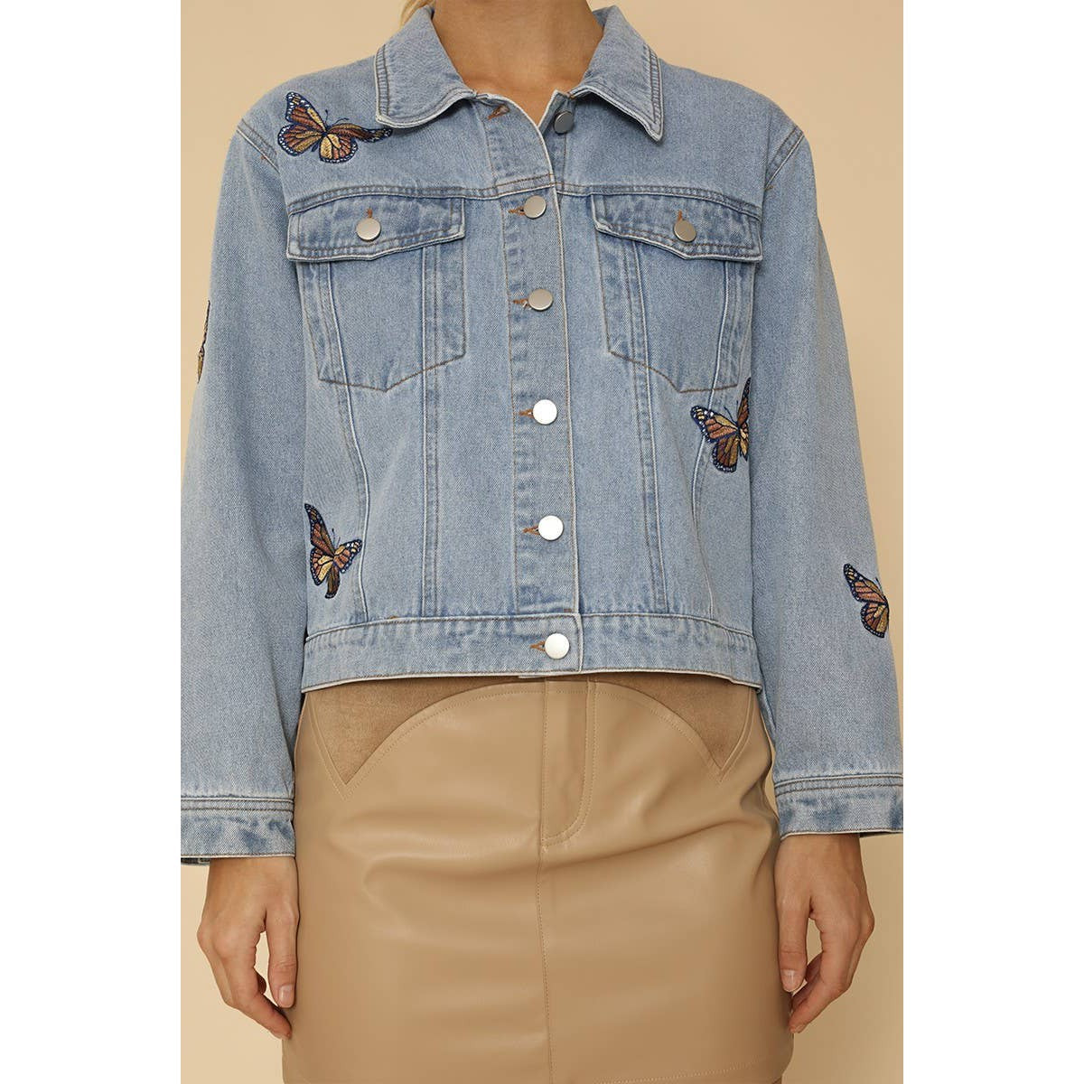 Miss Sparkling Light Blue Monarch Butterfly Embroidered Denim Jacket | Sizes SM-XL