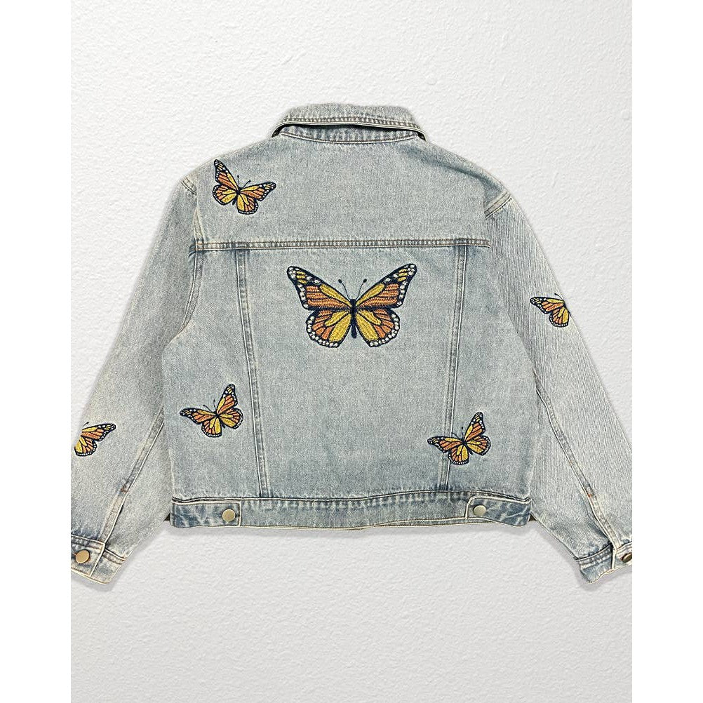 Miss Sparkling Light Blue Monarch Butterfly Embroidered Denim Jacket | Sizes SM-XL