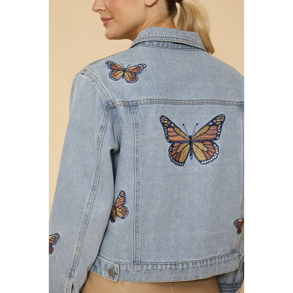 Miss Sparkling Light Blue Monarch Butterfly Embroidered Denim Jacket | Sizes SM-XL