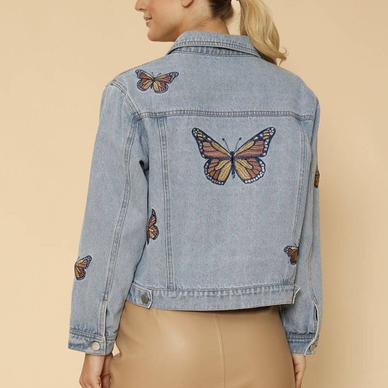 Miss Sparkling Light Blue Monarch Butterfly Embroidered Denim Jacket | Sizes SM-XL