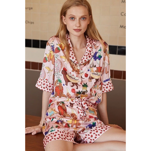 Miss Sparkling Printed Two Piece Pajama Set in Pink | Button Top and Shorts Sleepwear