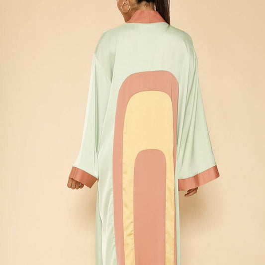 Miss Sparkling Retro Arch Kimono Big Long Textured Satin Duster | Light Jacket, Outdoor Robe, Swimsuit Coverup | Sizes SM-XL