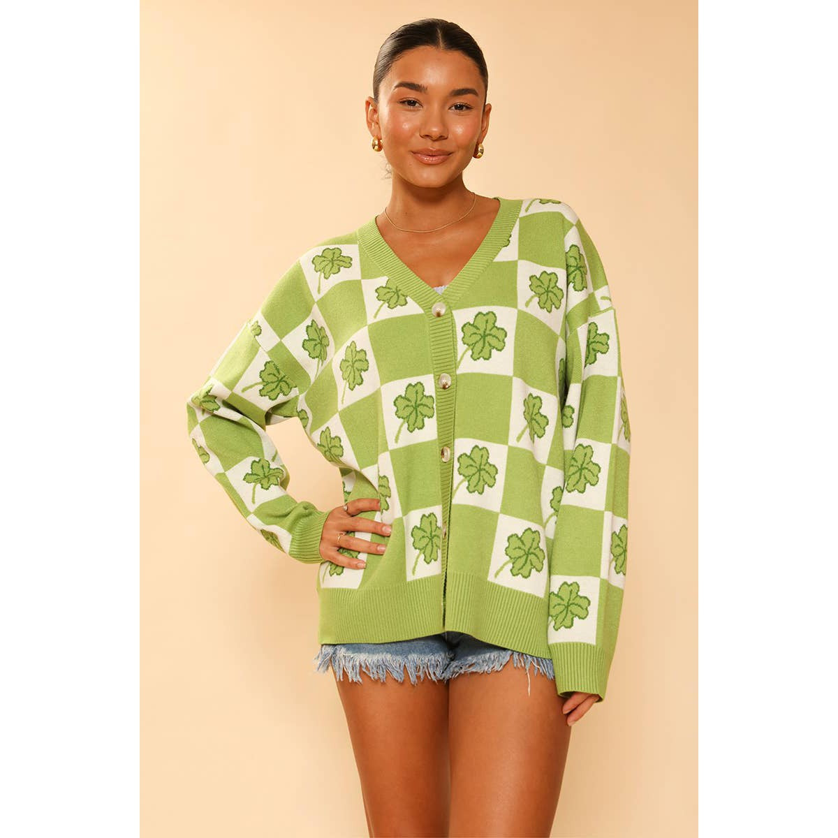 Miss Sparkling Shamrock Checkered Cardigan in Green and White [Available in SM-XL]