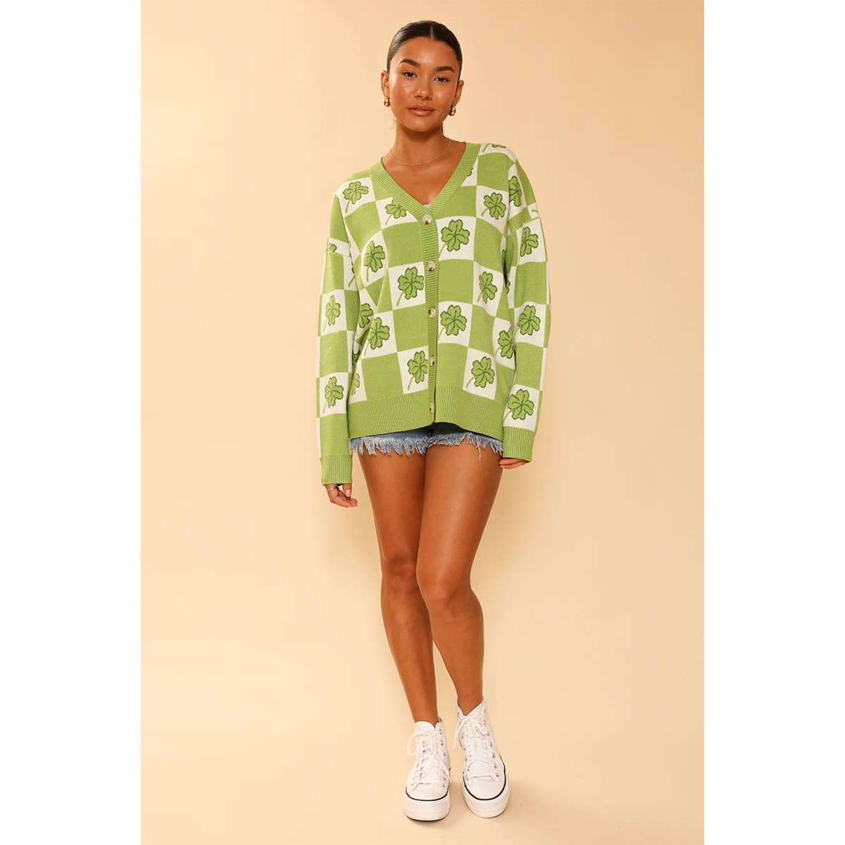 Miss Sparkling Shamrock Checkered Cardigan in Green and White [Available in SM-XL]