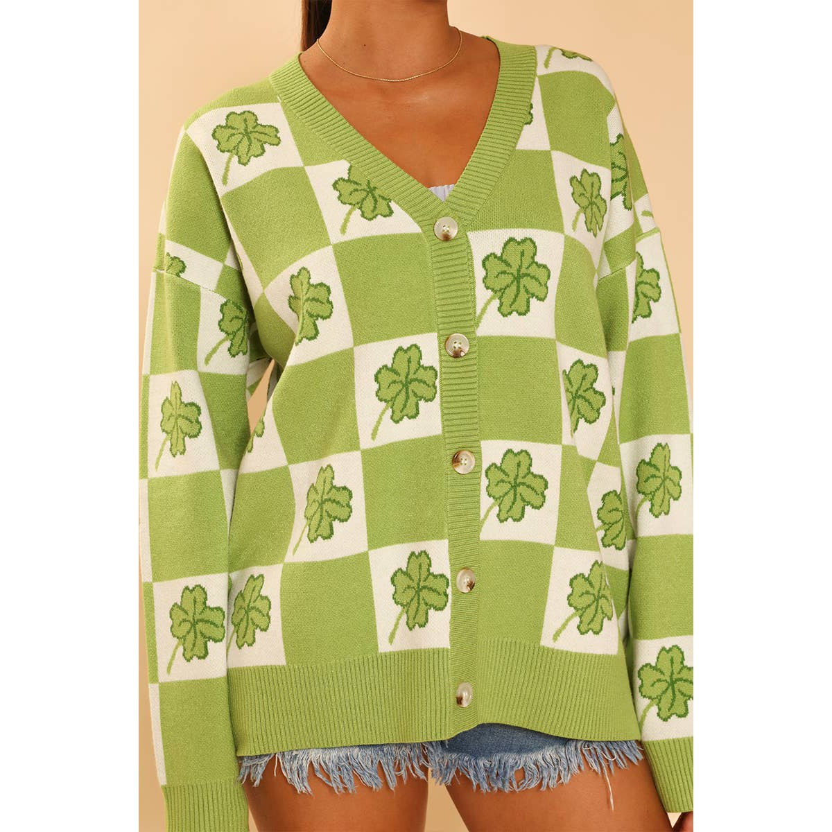 Miss Sparkling Shamrock Checkered Cardigan in Green and White [Available in SM-XL]