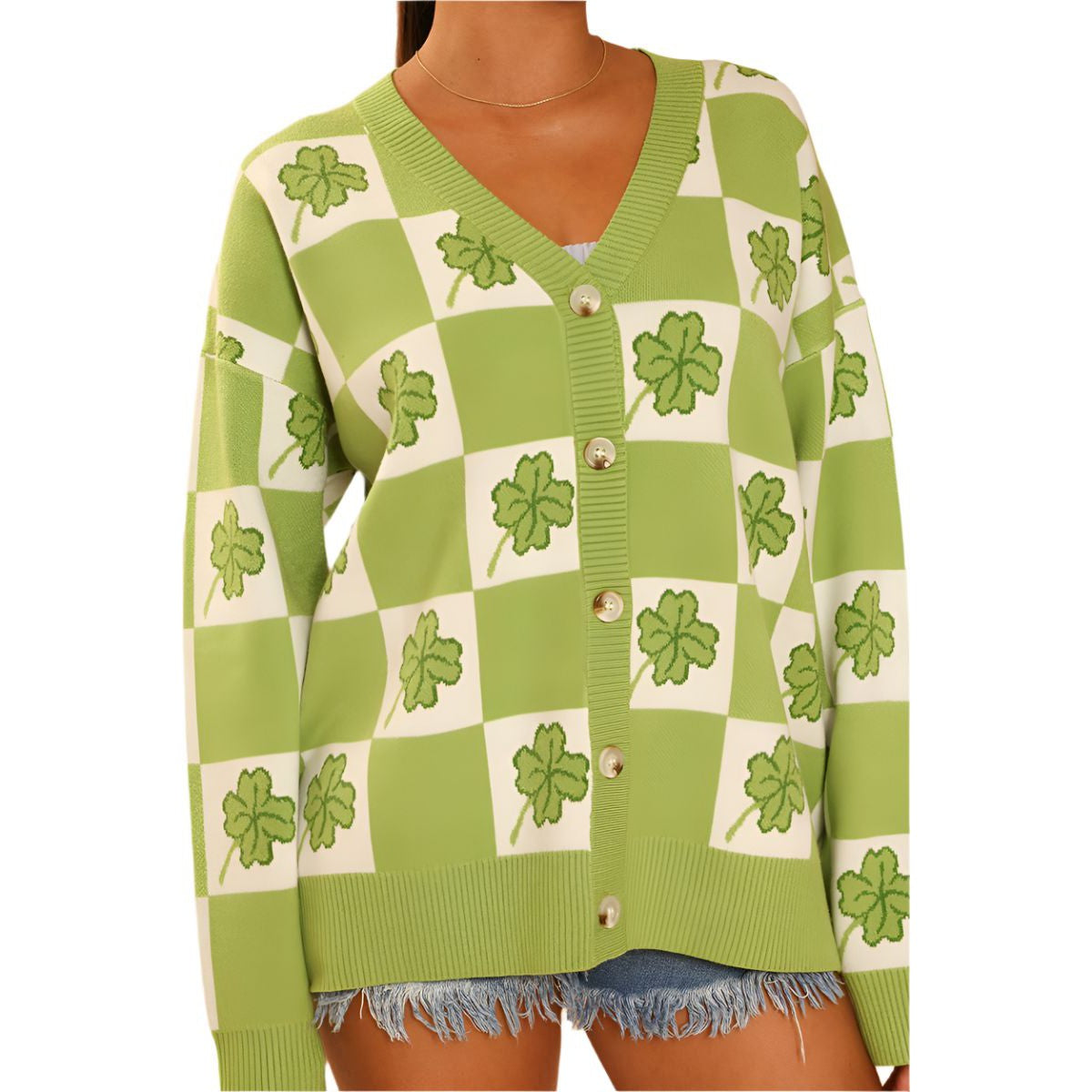 Miss Sparkling Shamrock Checkered Cardigan in Green and White [Available in SM-XL]