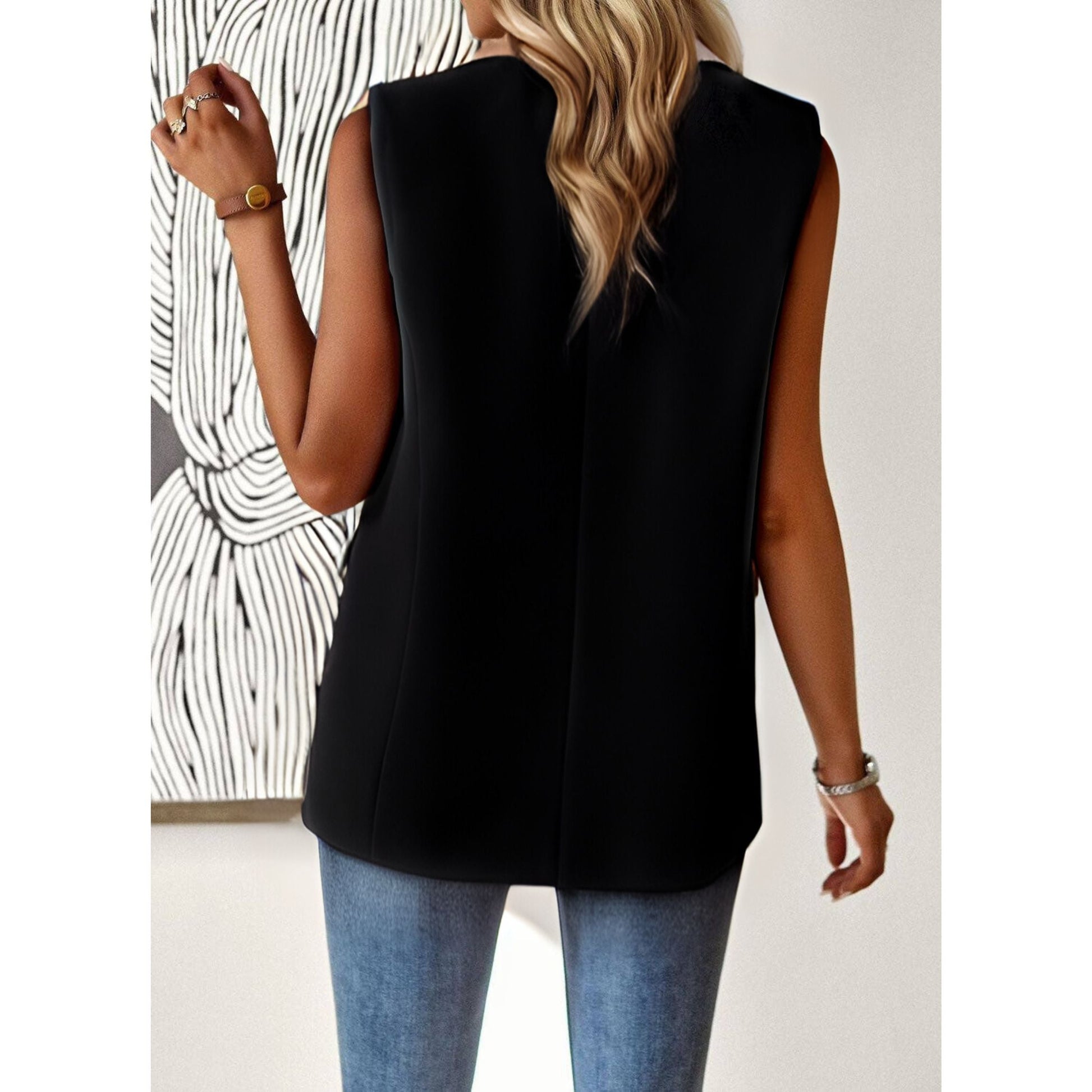 Miss Sparkling Sleeveless Blazer in Black | One-Button V-Neckline [Sizes SM-XL]