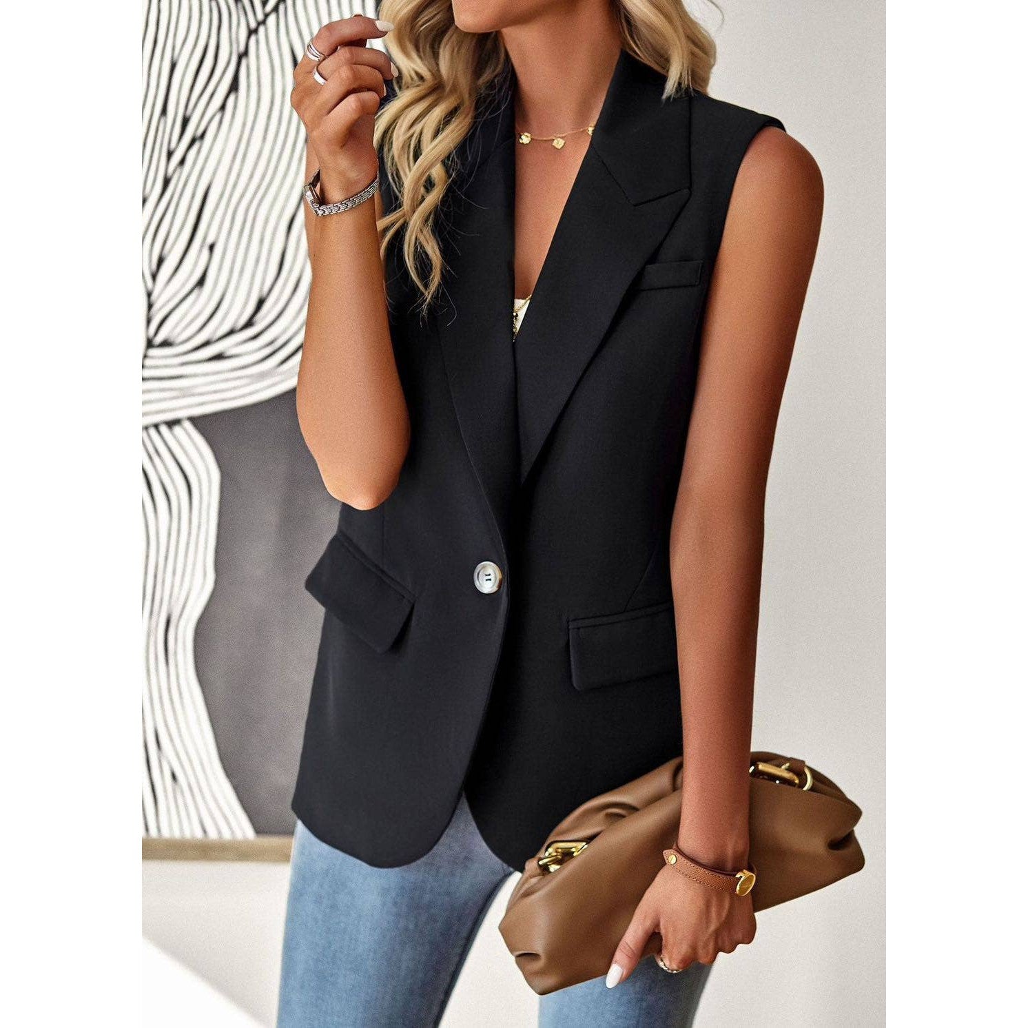 Miss Sparkling Sleeveless Blazer in Black | One-Button V-Neckline [Sizes SM-XL]