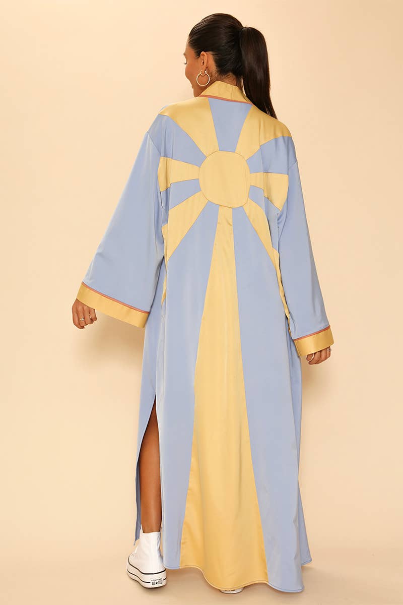 Miss Sparkling Sunburst Kimono Big Long Textured Satin Duster | Light Jacket, Outdoor Robe, Swimsuit Coverup | Sizes M-XL