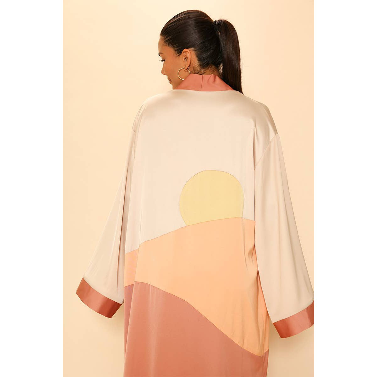 Miss Sparkling Sunset Kimono Big Long Textured Satin Duster in Dusty Coral | Light Jacket, Outdoor Robe, Swimsuit Coverup | Sizes L-XL