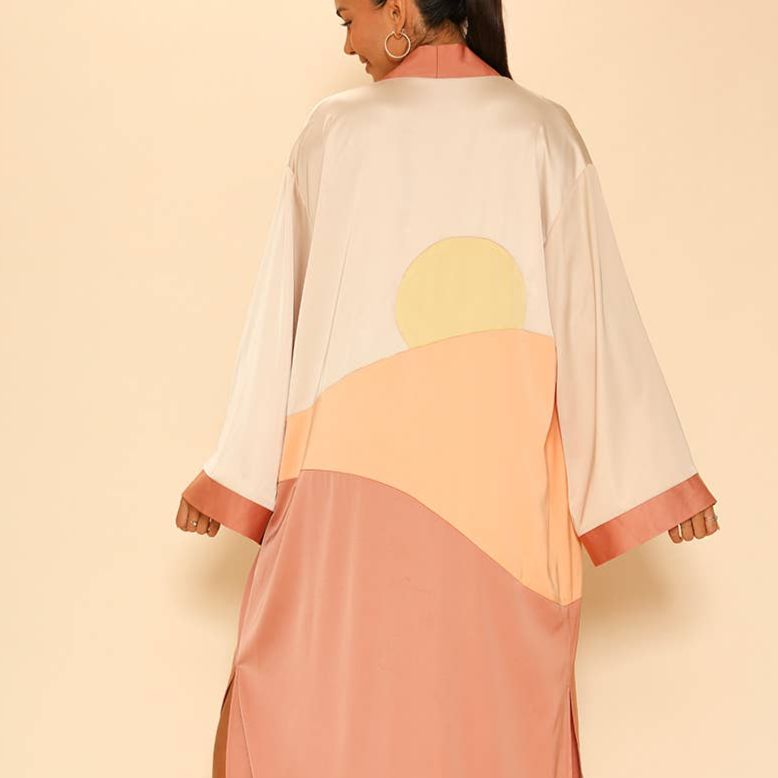 Miss Sparkling Sunset Kimono Big Long Textured Satin Duster in Dusty Coral | Light Jacket, Outdoor Robe, Swimsuit Coverup | Sizes L-XL