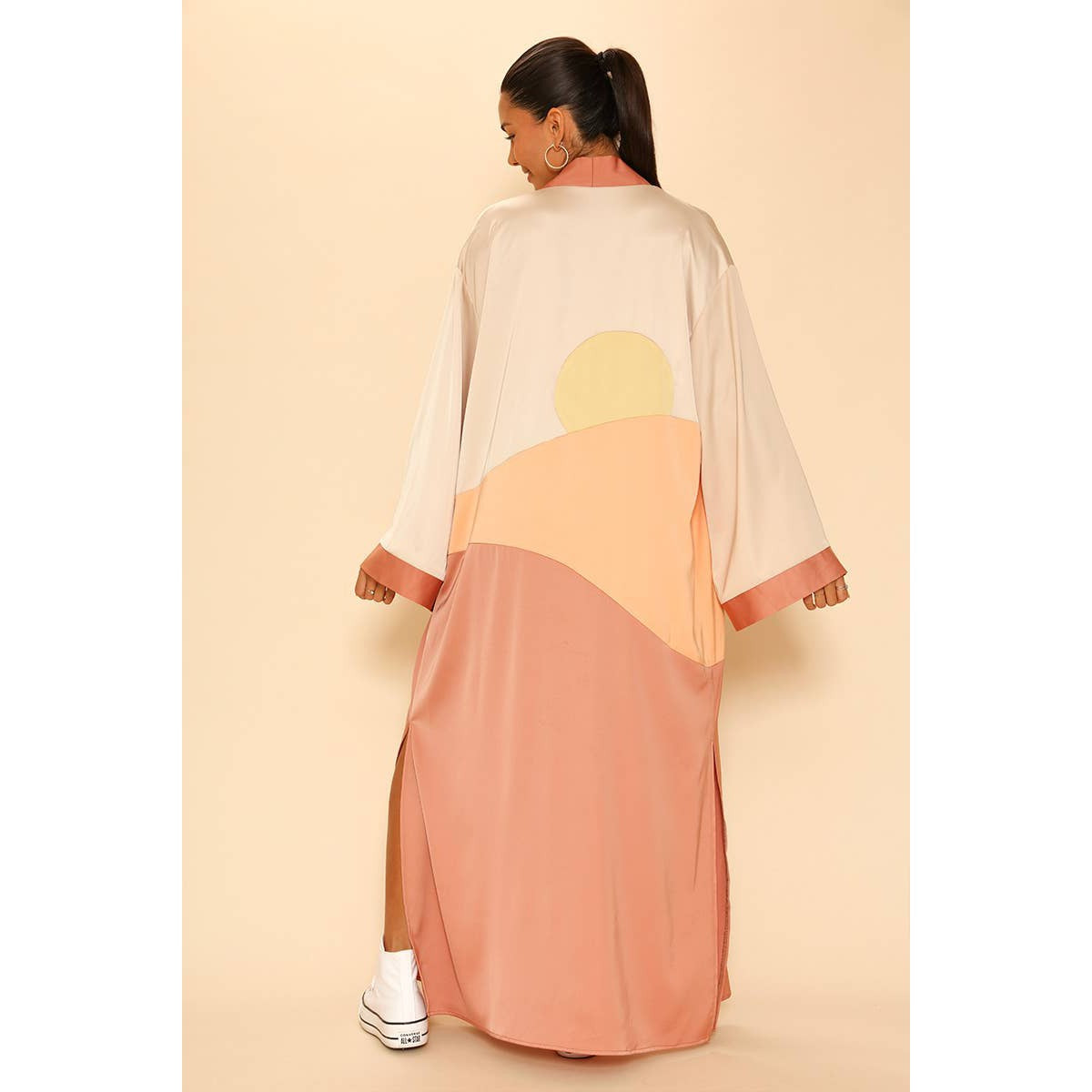 Miss Sparkling Sunset Kimono Big Long Textured Satin Duster in Dusty Coral | Light Jacket, Outdoor Robe, Swimsuit Coverup | Sizes L-XL