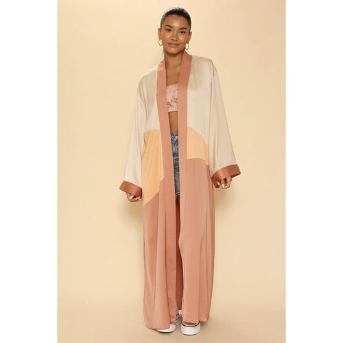Miss Sparkling Sunset Kimono Big Long Textured Satin Duster in Dusty Coral | Light Jacket, Outdoor Robe, Swimsuit Coverup | Sizes L-XL