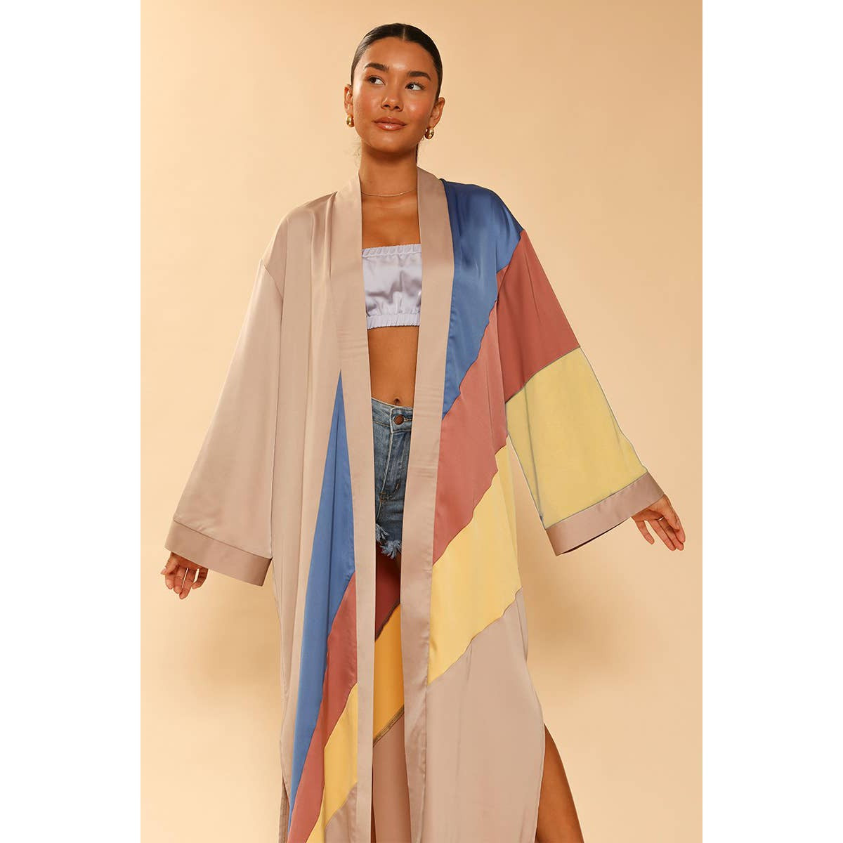 Miss Sparkling Tan Retro Stripe Kimono Big Long Textured Satin Duster | Light Jacket, Outdoor Robe, Swimsuit Coverup | Sizes SM-XL