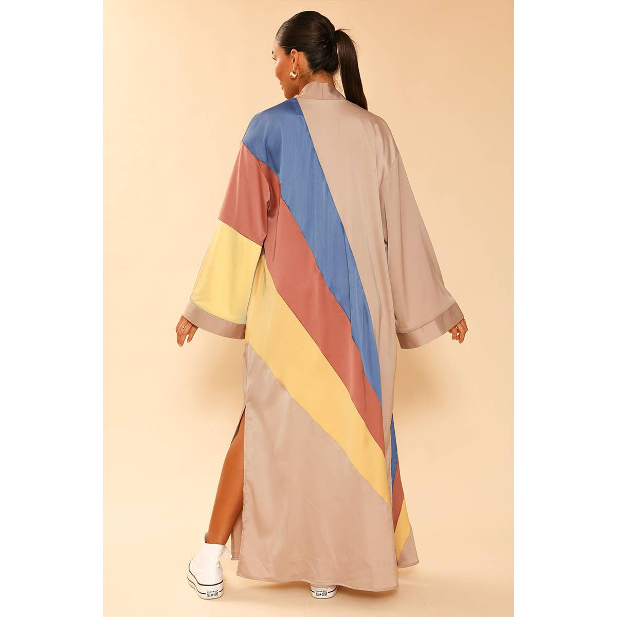 Miss Sparkling Tan Retro Stripe Kimono Big Long Textured Satin Duster | Light Jacket, Outdoor Robe, Swimsuit Coverup | Sizes SM-XL