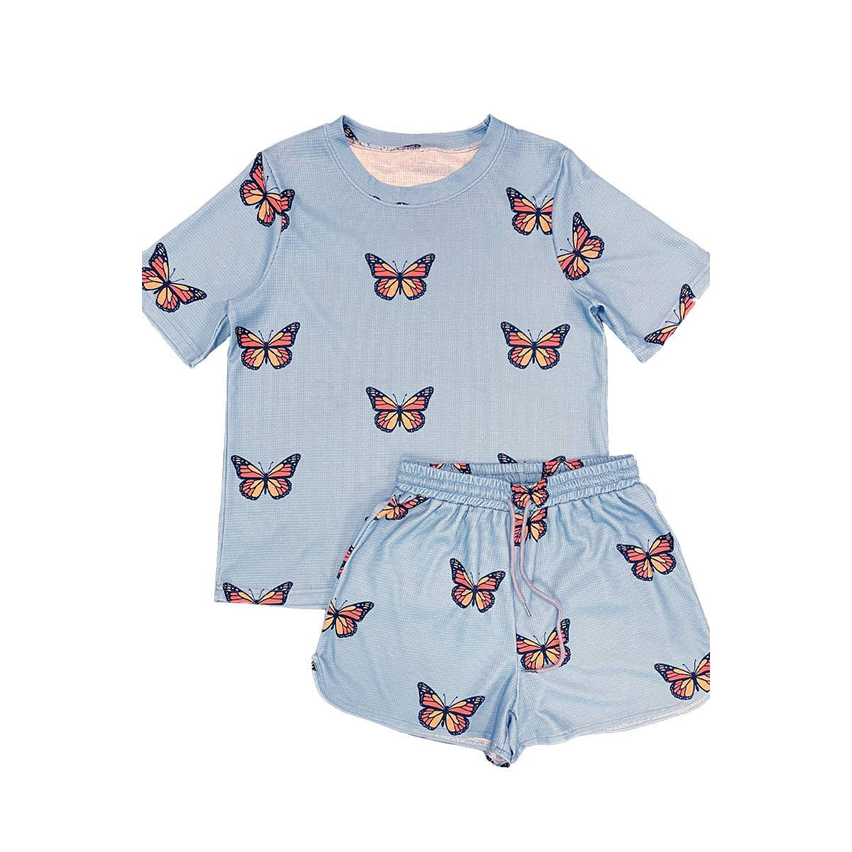 Miss Sparkling Waffle Fabric Printed Matching Shorts Set | Monarch Butterfly or Mushroom Print