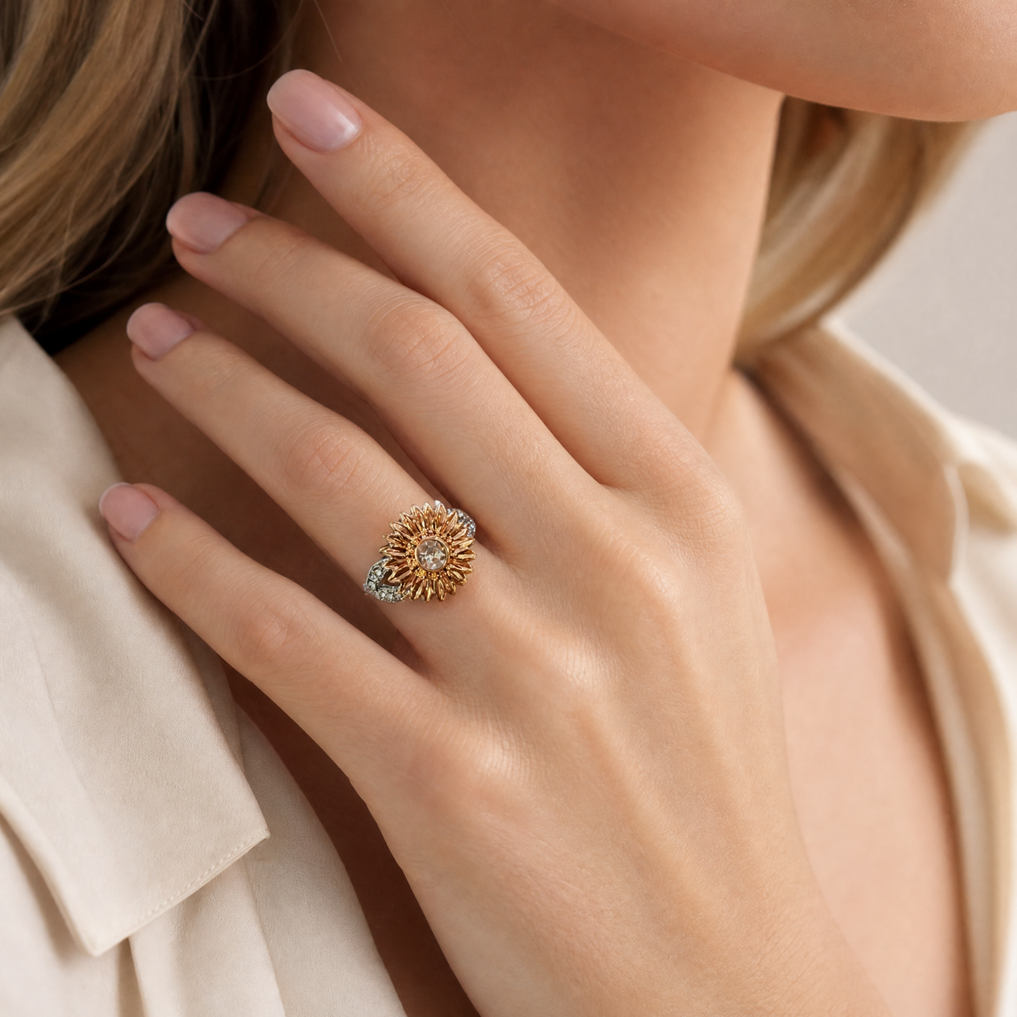 Mixed Metals Sunflower Statement Ring | Silver & Rose Gold | Size 7