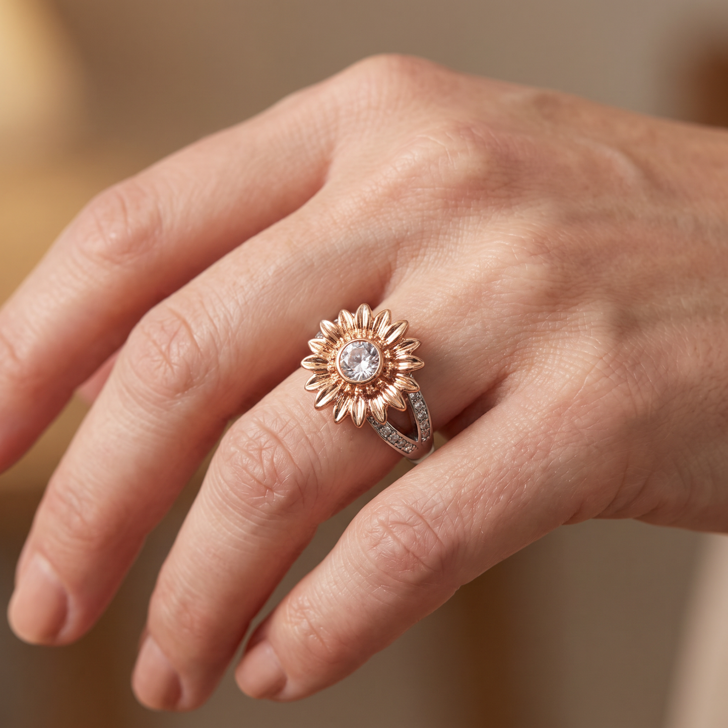 Mixed Metals Sunflower Statement Ring | Silver & Rose Gold | Size 7